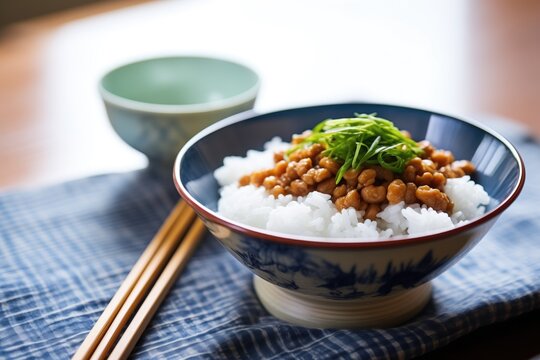 natto atop a bed of steamed white rice in a bowl