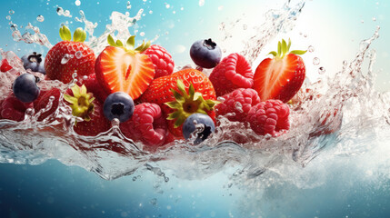 Vibrant fruits and berries dance in water, creating playful waves, adorned with air bubbles and kissed by sunbeams - obrazy, fototapety, plakaty