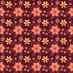 seamless floral pattern with bright flowers for fabric, wrapping, scarf, hijab on a burgundy background
