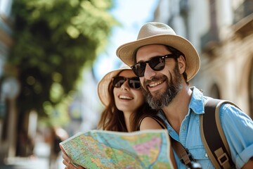 Happy couple on vacation sightseeing city with map