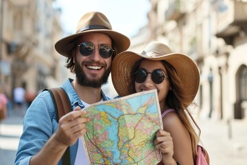 Happy couple on vacation sightseeing city with map