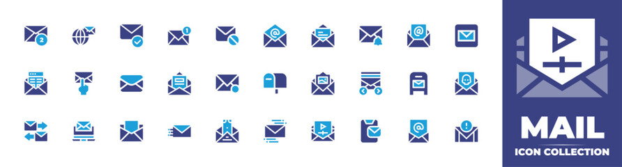 Mail icon collection. Duotone color. Vector and transparent illustration. Containing mail, mailbox, notification, letter, newsletter, correspondence, international mail, email blocker, email. - obrazy, fototapety, plakaty