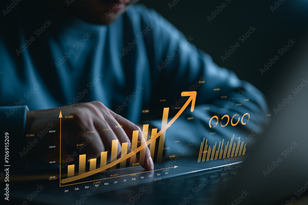 Poster analyst working with computer in business analytics and data management system to make report with k