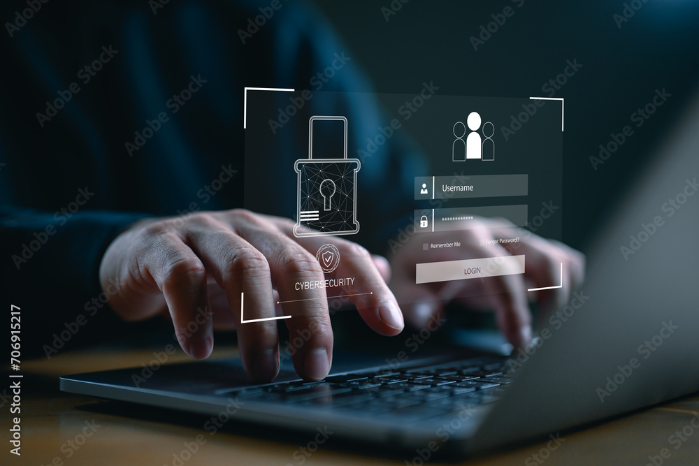 Poster cybersecurity and privacy concepts to protect data. lock icon and internet network security technolo