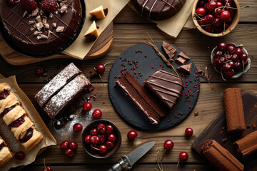 The iconic desserts of the Black Forest region, slices of Black Forest cake and cherry strudel - obrazy, fototapety, plakaty