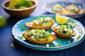 zesty potato skins with lime zest and cilantro on a blue plate