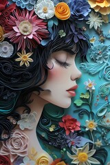 Quilling art of a woman surrounding with an enchanting display of swirling flowers