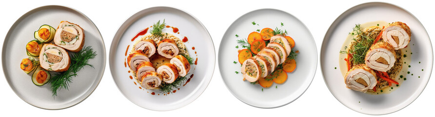 Chicken roulade neatly dressed on a plate, top view - obrazy, fototapety, plakaty
