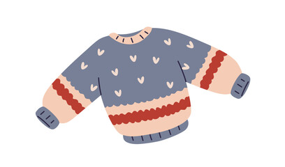 Knitted wool sweater. Warm soft woolen pullover. Winter clothes, knitwear with print, pattern. Cozy garment for cold weather, season. Flat vector illustration isolated on white background