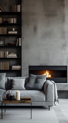 Interior design of a modern loft style living room. Grey sofas with a coffee table against a concrete wall with a fireplace and bookshelves.