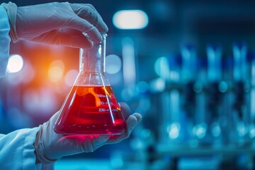 Close up hand of scientist holding flask with lab glassware in chemical laboratory background, science laboratory research and development concept