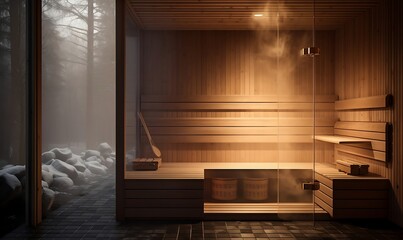 Wooden sauna interior with steam coming out of the window.