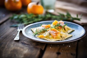 ravioli filled with butternut squash on a rustic table