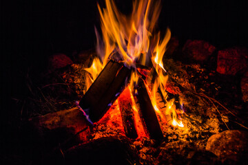Bonfire at night. Night at the lake Summer travels. Relaxing by the fire