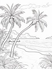 coloring pages of tropical beach with palm trees in sunset