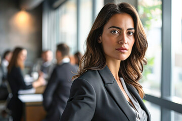 confident business leader looking at camera and standing in an office at team meeting. Portrait of confident businesswoman with colleagues in boardroom.