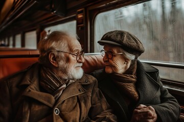 Old mature couple in train by side of the window
