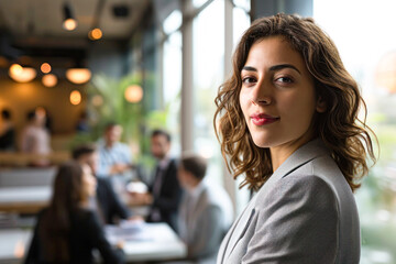 Naklejka premium confident business leader looking at camera and standing in an office at team meeting. Portrait of confident businesswoman with colleagues in boardroom.