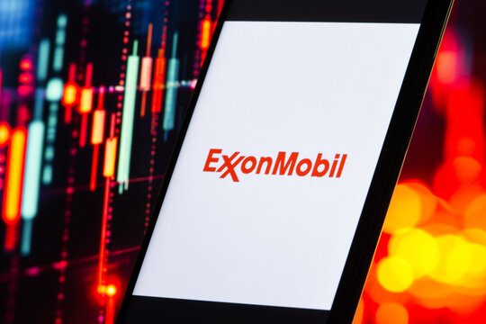 ExxonMobil logo is displayed on a smartphone screen, blurred background, New York, United States, January 11, 2024