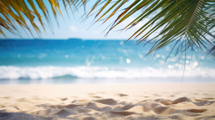 Fototapeta na wymiar Golden sand, palm leaves' shade, azure waves' kiss—a serene beach paradise unfolds, inviting tranquility