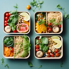 Healthy eating concept. Fresh fruits, vegetables and nuts in lunch boxes on dark background
