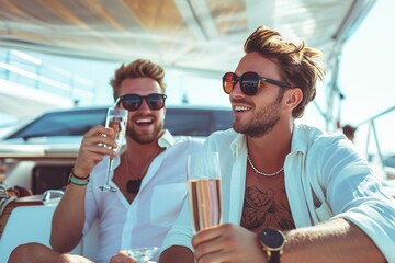 friend drinking champagne while having party in yacht - Powered by Adobe