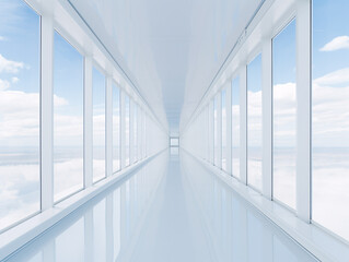 a long white hallway with windows