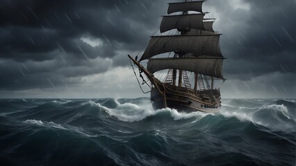 A pirate ship in the middle of an ocean in the middle of a storm from Generative AI