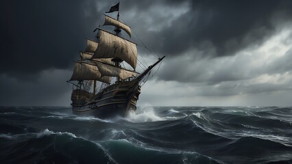 A pirate ship in the middle of an ocean in the middle of a storm from Generative AI - obrazy, fototapety, plakaty
