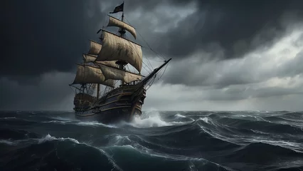 Papier Peint photo autocollant Navire A pirate ship in the middle of an ocean in the middle of a storm from Generative AI