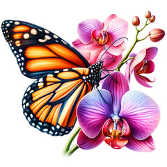 Monarch Butterfly with Orchid Clipart Transparent Background, Butterfly with Flowers Clipart.
