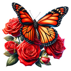 Monarch Butterfly with Roses Clipart Transparent Background, Butterfly with Flowers Clipart.
