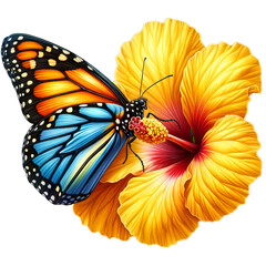 Monarch Butterfly with Yellow Hibiscus Clipart Transparent Background, Butterfly with Flowers Clipart.
