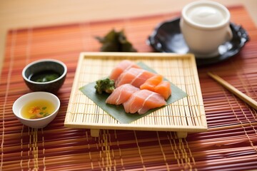 Fototapeta na wymiar sashimi on a bamboo mat with dipping bowl