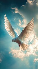 Obraz premium White bird flying in the sky. Vertical background 