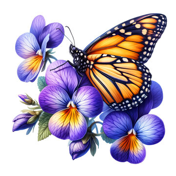 Monarch Butterfly with Viola Odorata Clipart Transparent Background, Butterfly with Flowers Clipart.
