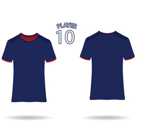 Short Sleeve Navy color T shirt Flat sketch vector illustration template front and back views isolated on white background. Blue and red lines layout football sport t-shirt, kits, jersey, shirt design