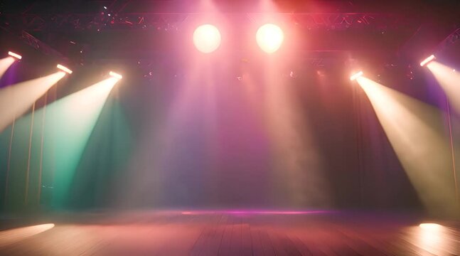 Stage light with colored spotlights and smoke. Concert and theatre dark scene AI