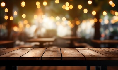 Empty wooden table and bokeh lights background. For product display