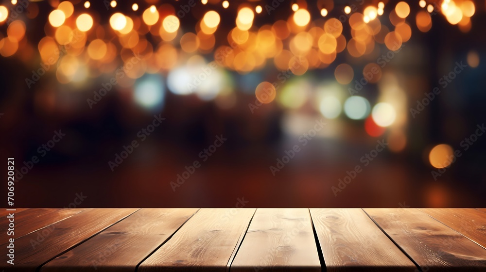 Aufkleber empty wooden table and bokeh lights background. for product display