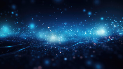 Blue abstract background with lights floating in the darkness, in the style of pointillist dots and dashes, digital gradient blends, black background, cybernetic sci-fi, futuristic chromatic waves