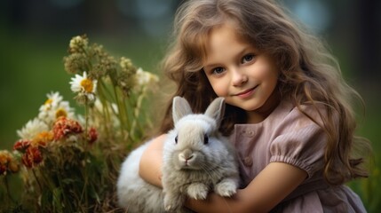 Portrait of a beautiful smiling girl with a big cute bunny in nature. Spring, summer, Easter, holiday concepts.
