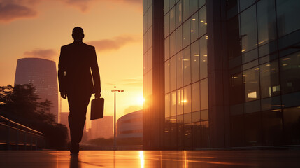 Silhouette of business man walking in office building  with sun rays on background