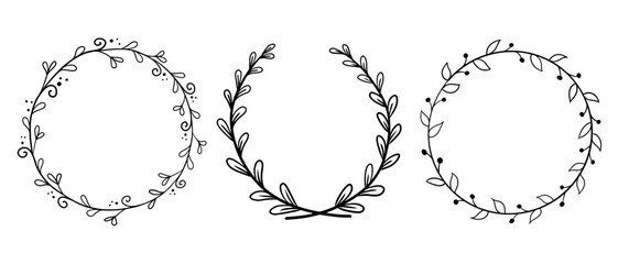 Doodle contour hand drawn floral round frames - obrazy, fototapety, plakaty