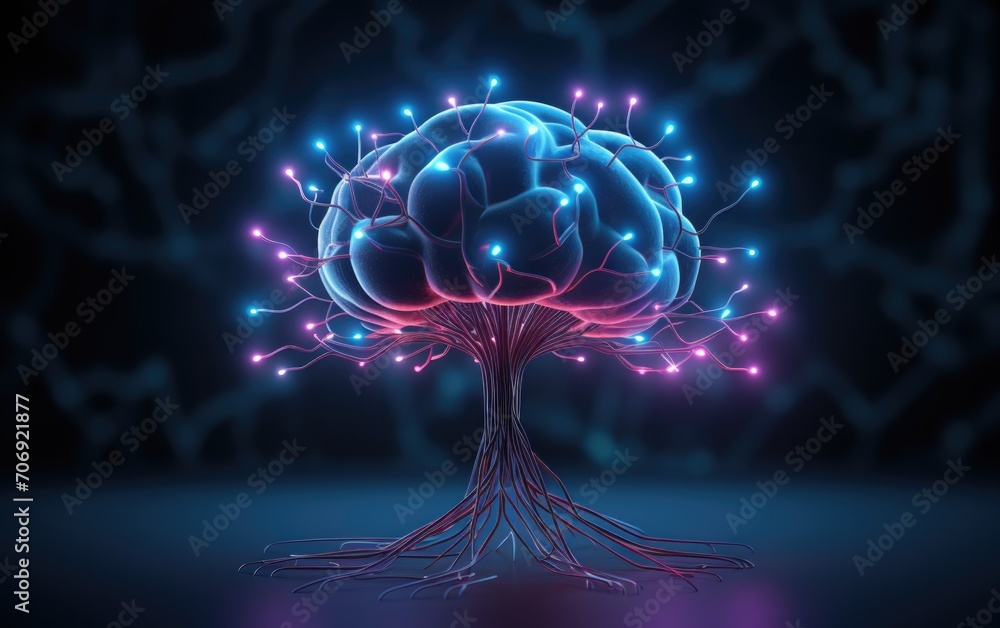 Poster a brain with glowing lights on it. generative ai.