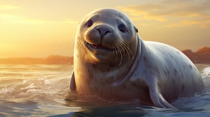 Obraz premium A seal is smiling in the water at sunset. Generative AI.