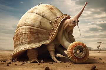 A weird snail with a shell on its back. Generative AI. - obrazy, fototapety, plakaty