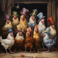 A group of chickens wearing hats posing for a picture. Generative AI.
