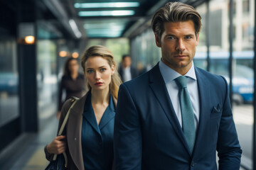 Fototapeta premium Business partners in an urban setting on their way to office . Businessman and businesswoman outside