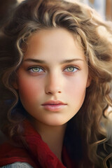 Naklejka premium Portrait of a beautiful young woman with curly hair and green eyes.
